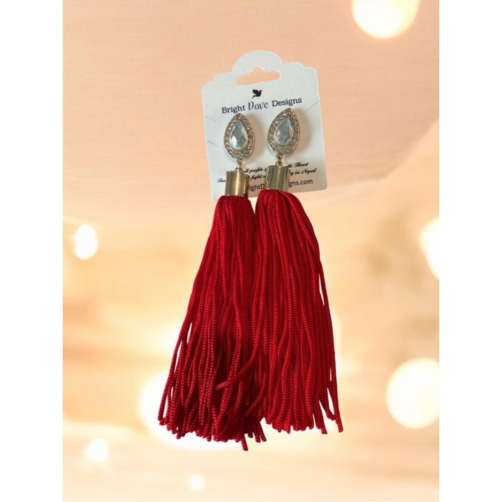 Red Tassel Drop Earrings with Crystal Teardrop